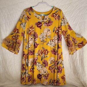 CATO YELLOW floral Gold swing dress Double Bell  sleeves Size Large